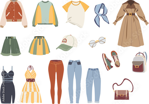 Set women casual. Pants, skirts, dresses, tops, outerwear, bags, shoes, sunglasses and hats. On white background. Suitable for fashion and shopping content.