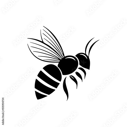 Minimalist black silhouette vector of a bee in flight, with detailed wings and body.

