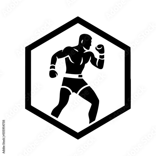 Minimalist black silhouette vector of a boxer in fighting stance inside a hexagon. Strong athlete logo perfect for boxing, fitness, or combat sports branding.



