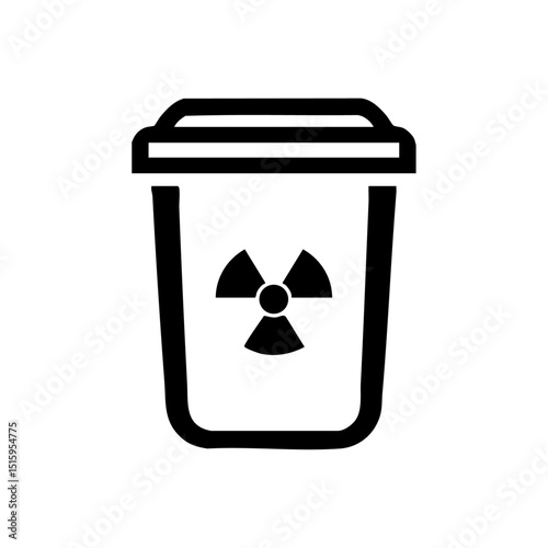 Minimalist black silhouette vector of a biohazard trash bin with radioactive warning.

