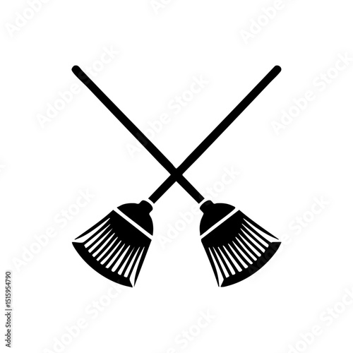 Minimalist black silhouette vector of two crossed brooms symbolizing cleaning and order.

