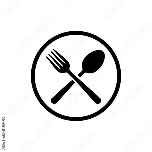 Minimalist black vector logo of a fork and spoon crossed in a circular frame, representing food and dining.

