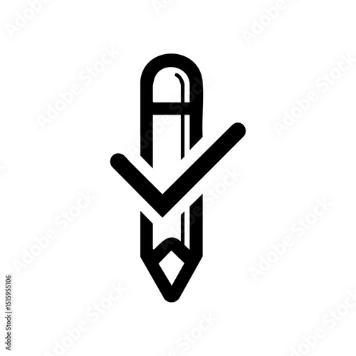 Vector icon of a pencil forming a checkmark, minimalist black design. Symbol for completing tasks, writing, or approval.



