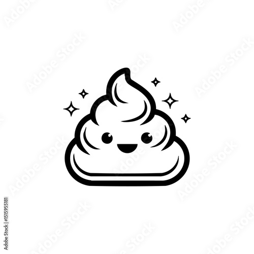 Cute poop emoji icon with a happy face and sparkles, minimalist black vector.

