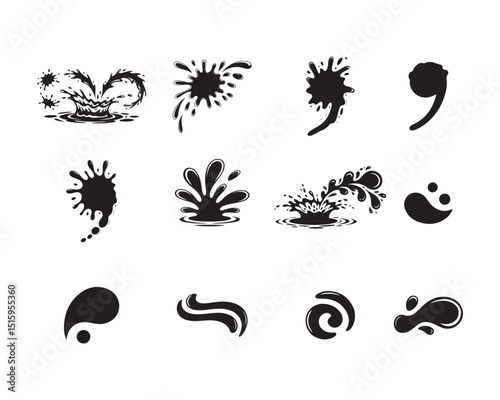 Set of Black and White Splash and Water Effects, set of 12 graphic illustrations depicts various dynamic water splashes and effects.
