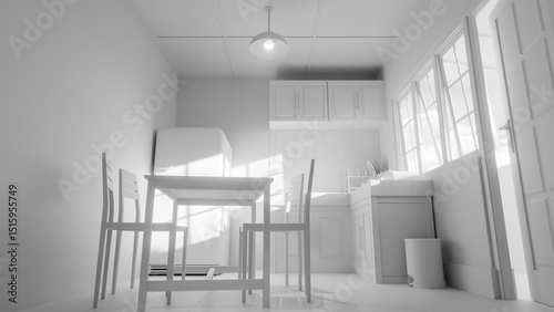 A kitchen with a yellow refrigerator and a green wall. The kitchen is empty and has a very old and worn look. Premium photo 3d render.