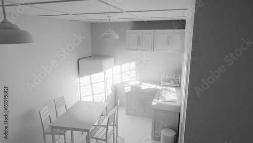 A kitchen with a yellow refrigerator and a green wall. The kitchen is empty and has a very old and worn look. Premium photo 3d render.