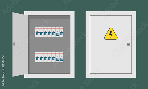Electrical circuit breaker panel with open and closed doors