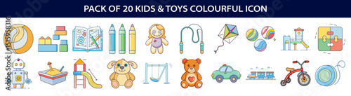 Pack of Twenty Colorful Kids and Toys Icons Illustrations