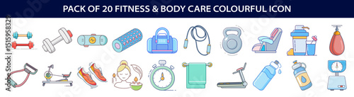 Pack of 20 Fitness and Body Care Colourful Icons Collection for Wellness and Exercise