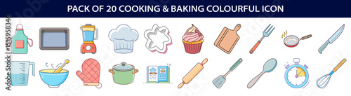 Pack of 20 Colorful Cooking and Baking Icons Set Illustration