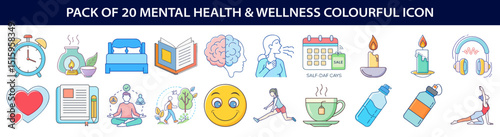Pack of 20 Mental Health and Wellness Colorful Icons for Wellbeing and Self Care