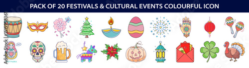 A colorful icon pack of twenty festivals and cultural events
