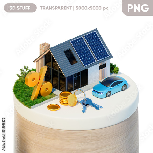 Fototapeta Naklejka Na Ścianę i Meble -  Concept of House Loan, sale, purchase, rent, mortgage house for advertising with home, invests money in real estate. Сar, keys and coins near the House with the percentage on the lawn. 3d illustration