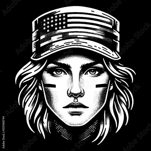 Vintage Hand-Drawn Soldier Woman Face with Camo Cap Illustration – Brave Portrait Engraved Style Vector for T-Shirts, Posters, Stickers, and Military Pride Themes