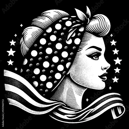 Vintage Hand-Drawn Rockabilly Woman Face with Bandana Illustration – Retro Beauty Engraved Style Vector for T-Shirts, Posters, Stickers, and Pin-Up Fashion Themes