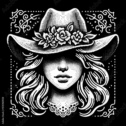 Vintage Hand-Drawn Southern Belle Face with Hat Illustration – Elegant Portrait Engraved Style Vector for T-Shirts, Posters, Stickers, and Classic Southern Charm Themes