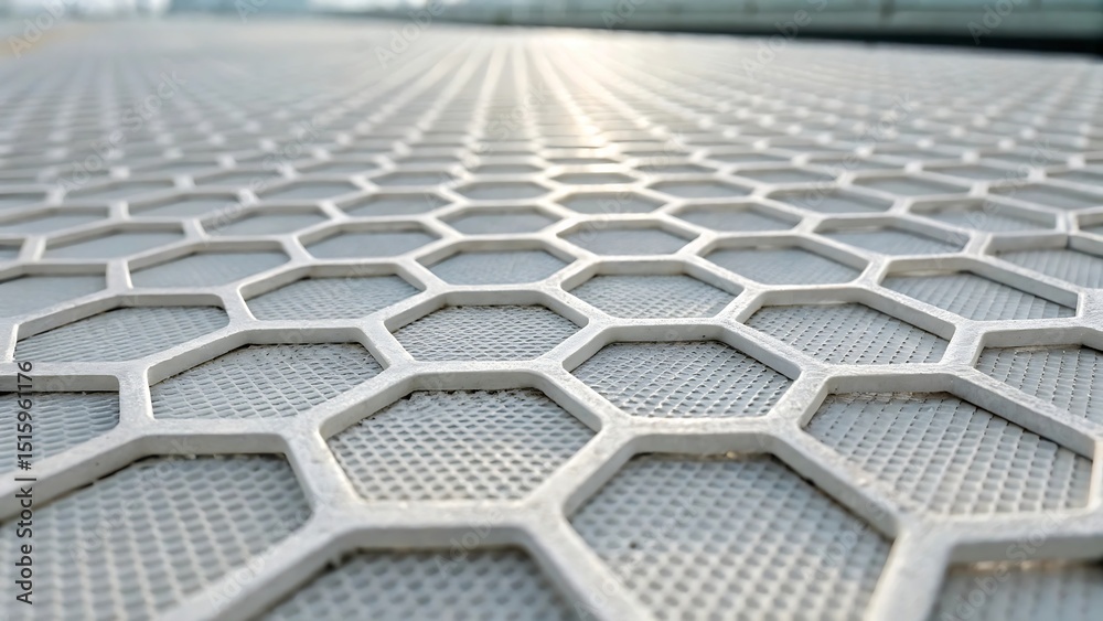 Fototapeta premium Hexagonal patterned metal grid close up with depth and shadow, representing industrial surface texture and engineered structure.