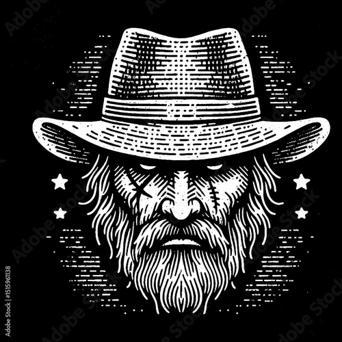 Vintage Hand-Drawn Gold Rush Prospector Face with Pickaxe Illustration – Frontier Miner Engraved Style Vector for T-Shirts, Posters, Stickers, and Old West Themes