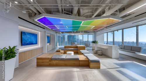 Modern corporate office featuring stunning rainbow LED ceiling installation