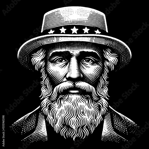 Vintage Hand-Drawn Gold Rush Prospector Face with Pickaxe Illustration – Frontier Miner Engraved Style Vector for T-Shirts, Posters, Stickers, and Old West Themes