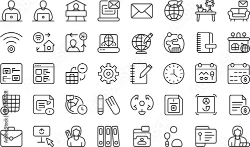 Collection of business and technology vector line icons representing work and communication