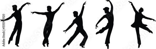 Adobe elegant black silhouettes of dancers in motion, graceful poses for dance studio design artwork