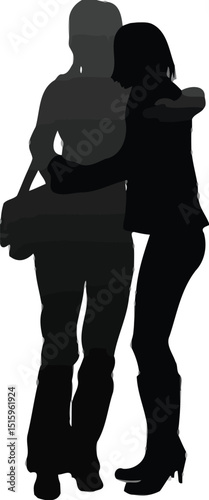 Silhouette of two women embracing, showcasing friendship, support, and female bonding against a transparent background