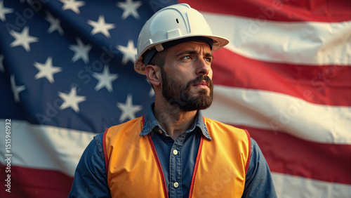 Wallpaper Mural Thoughtful American Construction Worker in Safety Gear Against Blurred Stars and Stripes Flag - Ideal for Patriotic Campaigns and Motivational Posters Torontodigital.ca