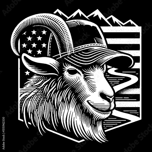 Vintage Hand-Drawn Goat Face with Cap and Mountain Trail Illustration – Outdoor Wildlife Engraved Style Vector for T-Shirts, Posters, Stickers, and Hiking Apparel