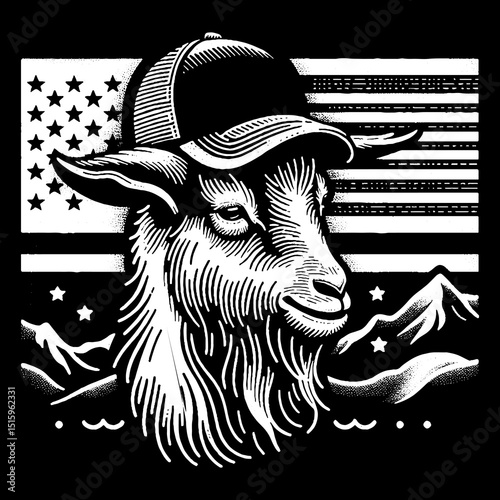 Vintage Hand-Drawn Goat Face with Cap and Mountain Trail Illustration – Outdoor Wildlife Engraved Style Vector for T-Shirts, Posters, Stickers, and Hiking Apparel