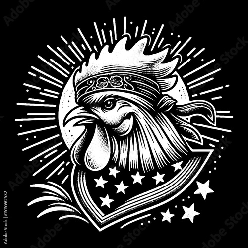 Vintage Hand-Drawn Rooster Face with Bandana and Rising Sun Illustration – Farm Animal Engraved Style Vector for T-Shirts, Posters, Stickers, and Country Apparel