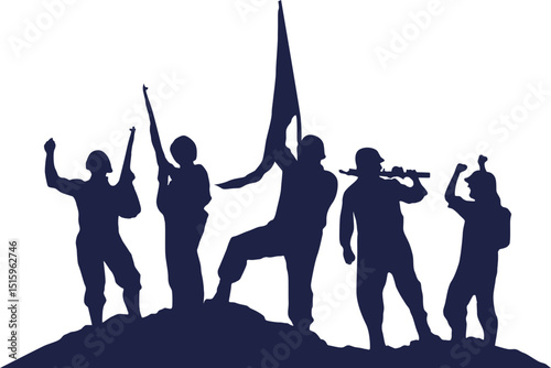 Soldier silhouette. Warriors on the expedition, battlefield. Memorial day, independence day, patriot day. Vector black illustration on white background.