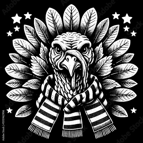 Vintage Hand-Drawn Turkey Face with Leaf Crown and Scarf Illustration – Autumn Animal Engraved Style Vector for T-Shirts, Posters, Stickers, and Harvest Apparel
