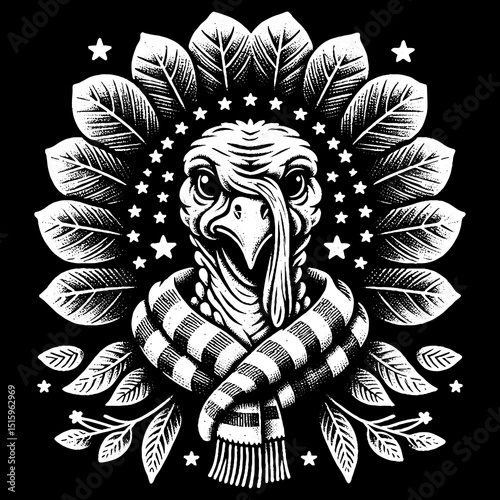 Vintage Hand-Drawn Turkey Face with Leaf Crown and Scarf Illustration – Autumn Animal Engraved Style Vector for T-Shirts, Posters, Stickers, and Harvest Apparel