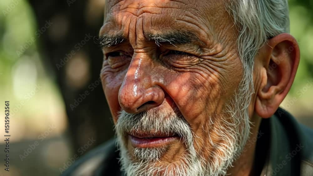 A close-up of an old man face streaked with tears as he listens to a lamentation song, the shadows of tree branches dancing across his features.. A close-up of an old man face streaked with tears as he listens to a lamentation song, the shadows of tree branches dancing across his features..