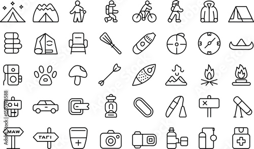 Collection of camping and outdoor adventure icons in minimalist black and white outlines