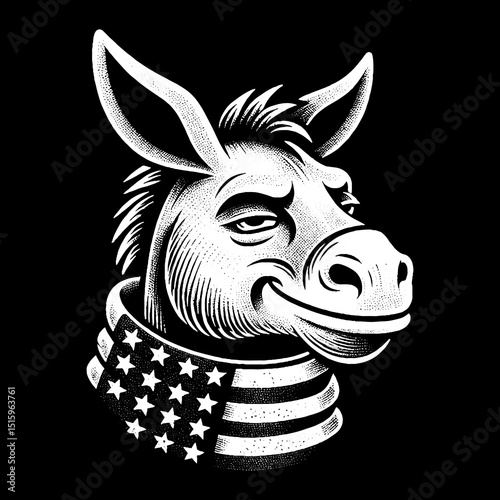 Vintage Hand-Drawn Donkey Face with Usa Scarf and Smirk Illustration – Patriotic Animal Engraved Style Vector for T-Shirts, Posters, Stickers, and Country Apparel