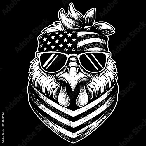 Vintage Hand-Drawn Chicken Face with Glasses and Bandana Illustration – Farm Animal Engraved Style Vector for T-Shirts, Posters, Stickers, and Country Apparel