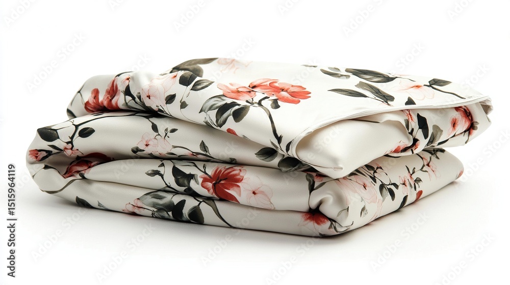 A stack of two folded, white sheets with a floral print of red, pink, and green flowers, leaves, and vines on a white background A stack of two folded, white sheets with a floral print of red, pink, and green flowers, leaves, and vines on a white background