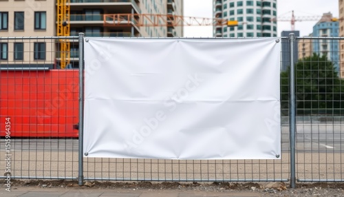 A blank white banner hangs on a construction site fence. The background features a red construction container and modern buildings under development.