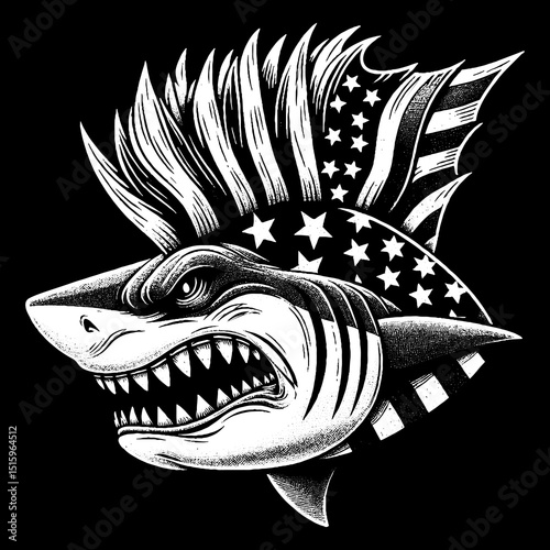 Vintage Hand-Drawn Shark Face with Patriotic Mohawk Illustration – Fierce Ocean Predator Engraved Style Vector for T-Shirts, Posters, Stickers, and Bold Marine Themes