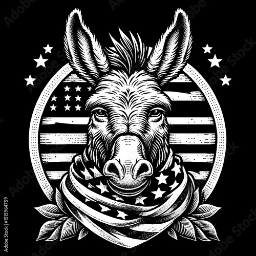 Vintage Hand-Drawn Donkey Face with Usa Scarf and Smirk Illustration – Patriotic Animal Engraved Style Vector for T-Shirts, Posters, Stickers, and Country Apparel