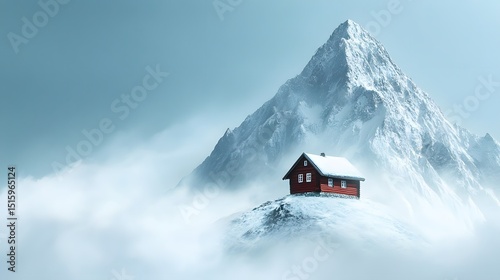 A lone cabin on a snowy mountain peak surrounded by fog