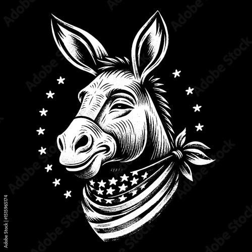 Vintage Hand-Drawn Donkey Face with Usa Scarf and Smirk Illustration – Patriotic Animal Engraved Style Vector for T-Shirts, Posters, Stickers, and Country Apparel
