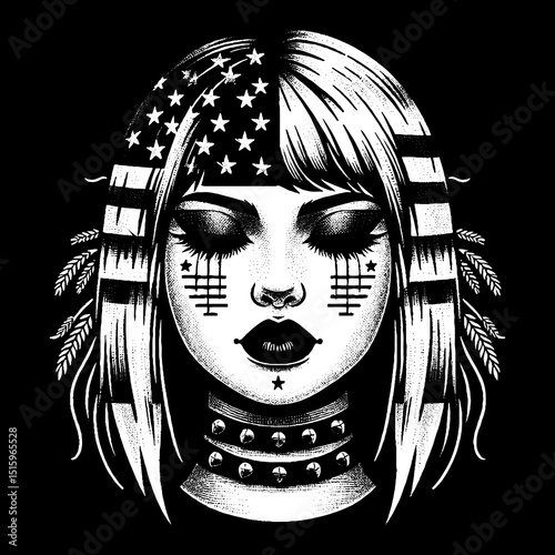 Vintage Hand-Drawn Goth Girl Face with Dark Lipstick Illustration – Alternative Portrait Engraved Style Vector for T-Shirts, Posters, Stickers, and Gothic Fashion Themes