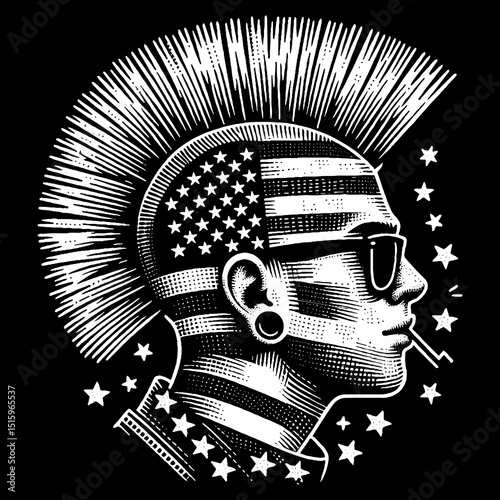 Vintage Hand-Drawn Punk Boy Face with Mohawk Illustration – Rebellious Youth Engraved Style Vector for T-Shirts, Posters, Stickers, and Street Culture Themes