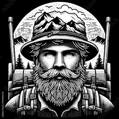 Vintage Hand-Drawn Mountain Hiker Face with Beard Illustration – Outdoor Adventurer Engraved Style Vector for T-Shirts, Posters, Stickers, and Nature Exploration Themes