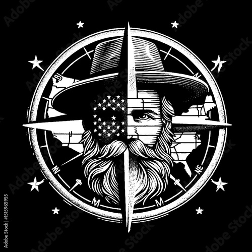 Vintage Hand-Drawn Map Maker Face with Compass Overlay Illustration – Cartographer Portrait Engraved Style Vector for T-Shirts, Posters, Stickers, and Exploration Themes