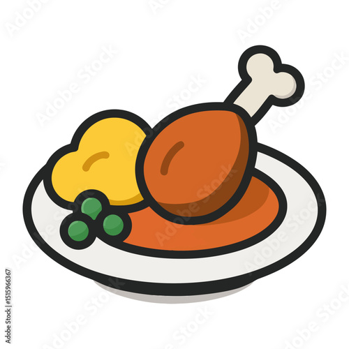 Plate of chicken drumstick with potatoes, peas, vector art.